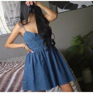 Free People Sz S Chambray Denim Smocked Bustier Fit & Flare Dress Sundress Blue